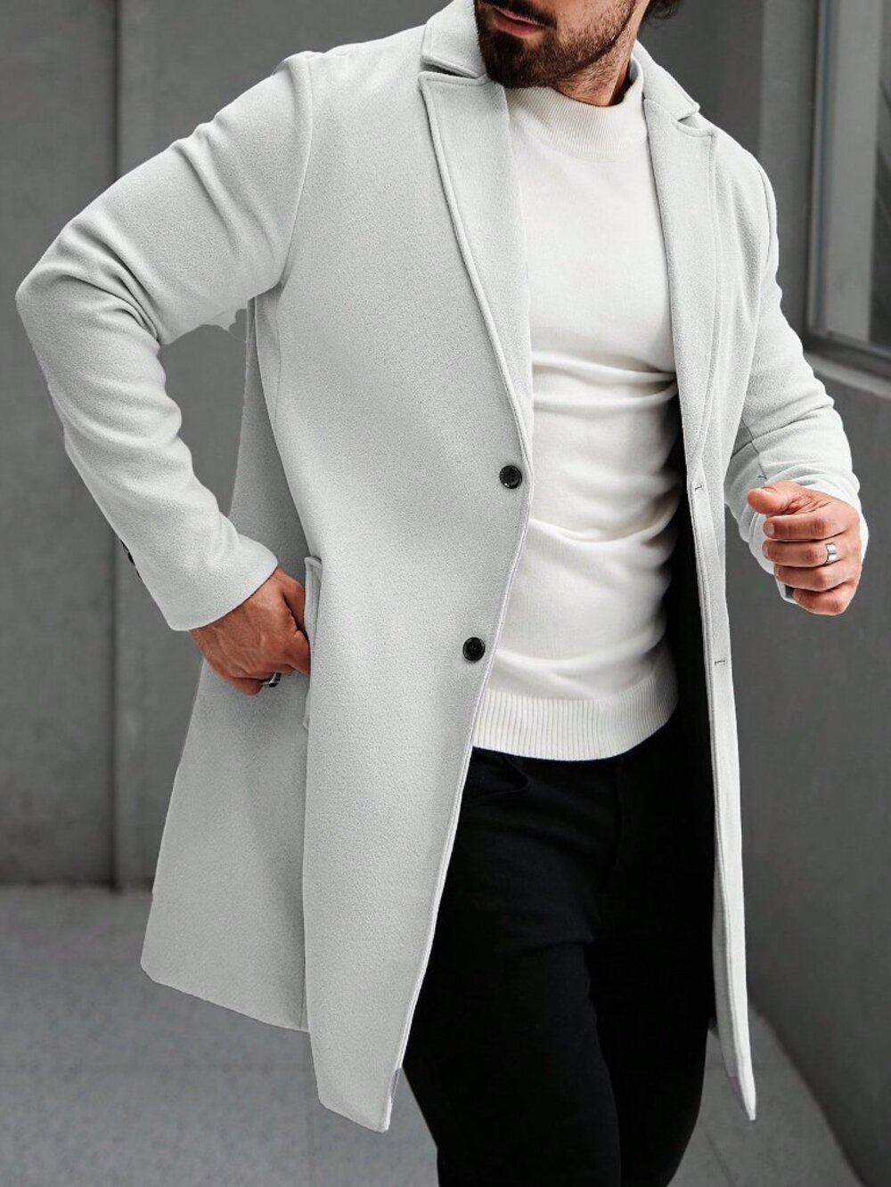 Grey Regular Fit Men's Button Front Lapel Long Sleeve Overcoat